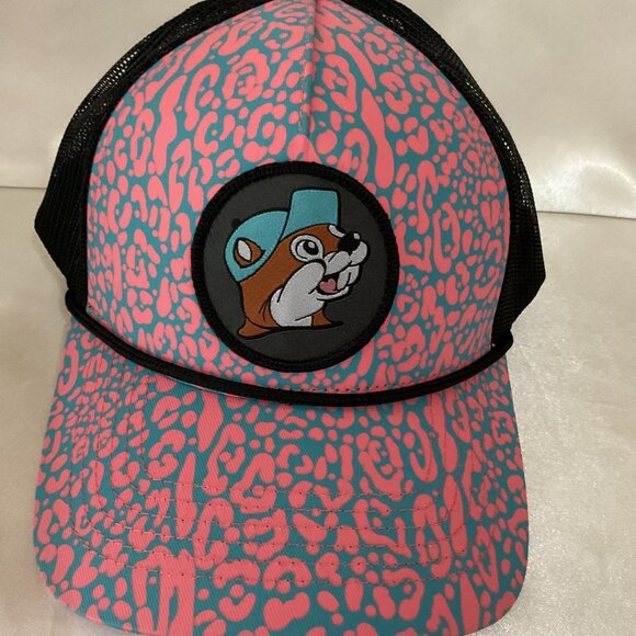 Buc-Ees Pink & Blue Leopard Print Trucker Hat With Beaver Patch - Picture 1 of 5